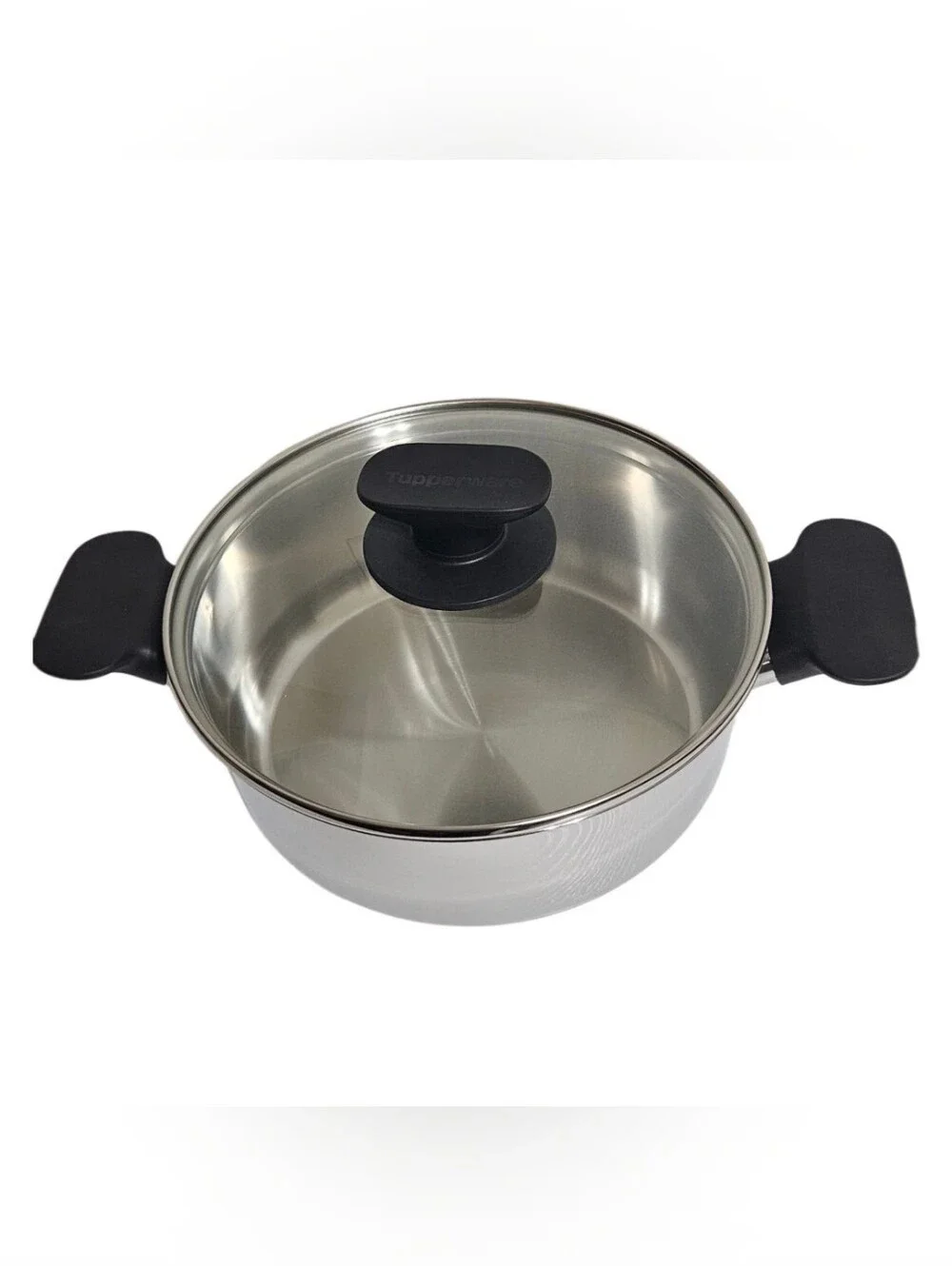 Tupperware Silver Stainless Steel Casserole with Black Handles and Glass Lid